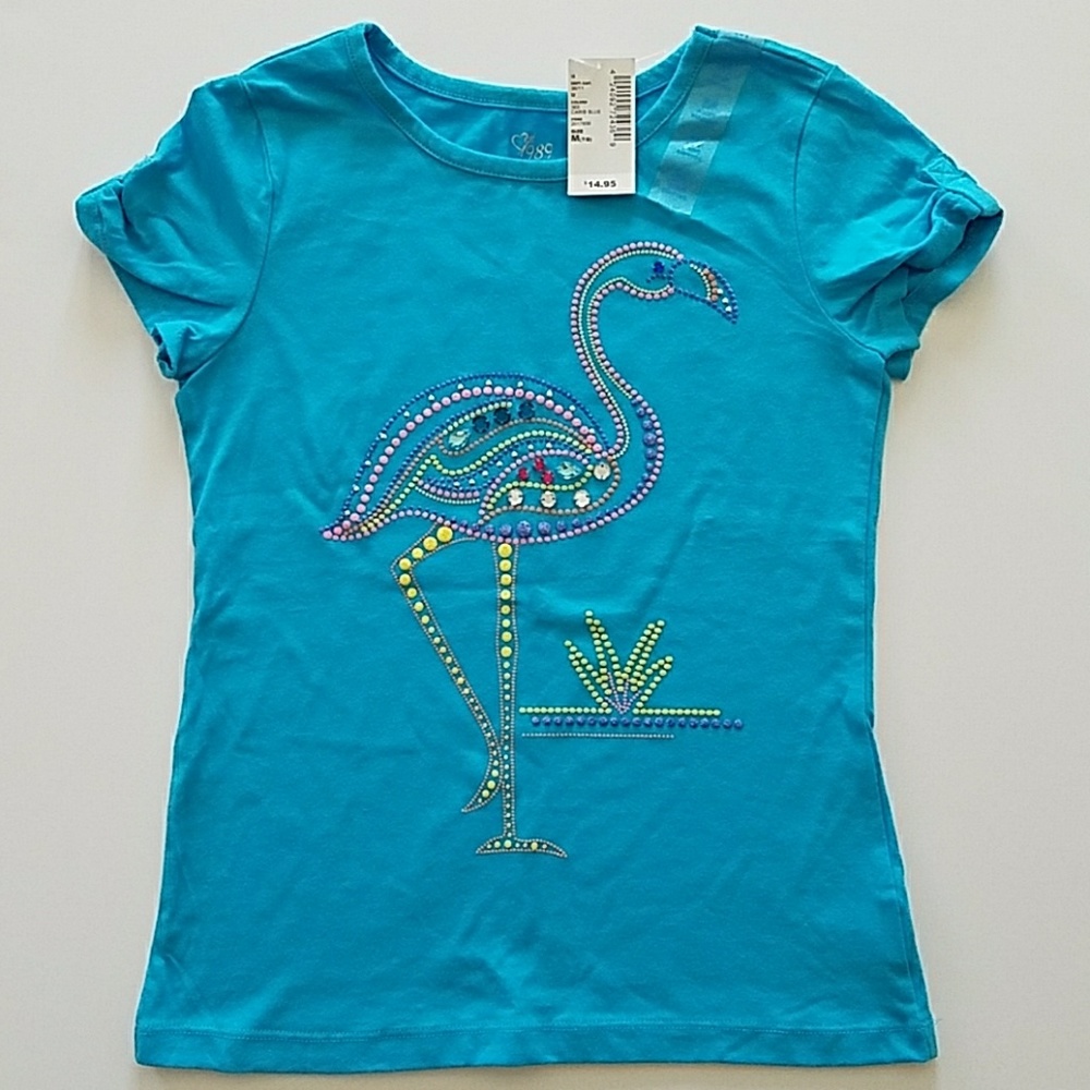 Girls Blue Flamingo T-Shirt - Size M (7/8)